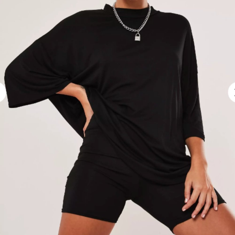 MISSGUIDED T SHIRT BIKER SHORT SET BLACK NWN